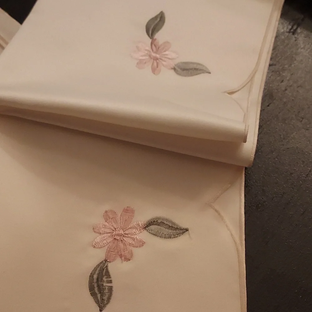 Vintage Cream Embriodered Napkins Pink Flower Green Leaves Set Of 11 Bridgerton